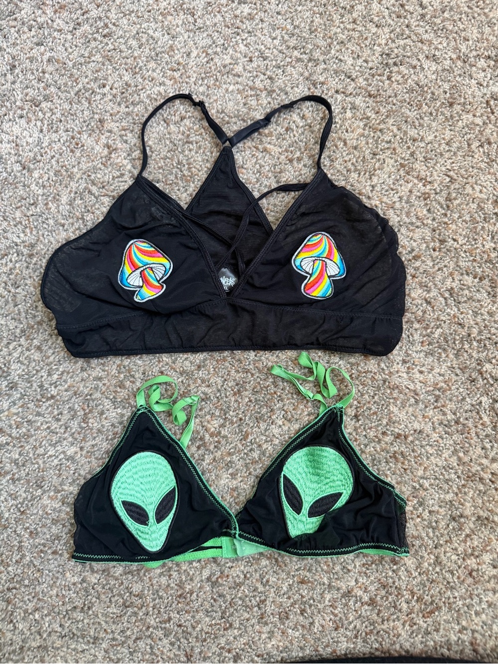 Mesh Bralette Pair: Mushroom & Alien Patches